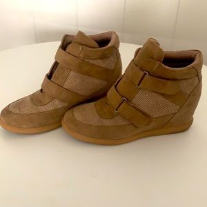 Tan sneaker high top wedges with Velcro straps